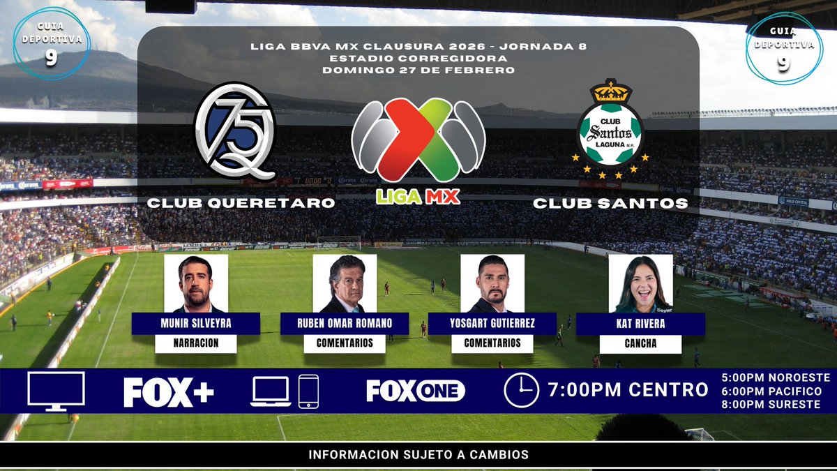 GuiaDeportiva9's tweet photo. 🐔 @Club_Queretaro  vs @ClubSantos  😇

📺#FOXMAS (310 MEGACABLE // 📱#FOXONE
🎙️@107munir 
🎙️@RubenRomanoDT 
🎙️@El_Re_Portero 
🎙️Kat Rivera 

#Jornada8
#LigaMX
#SomosDeportes
#GuiaDeportiva https://t.co/fBArE7bMf2