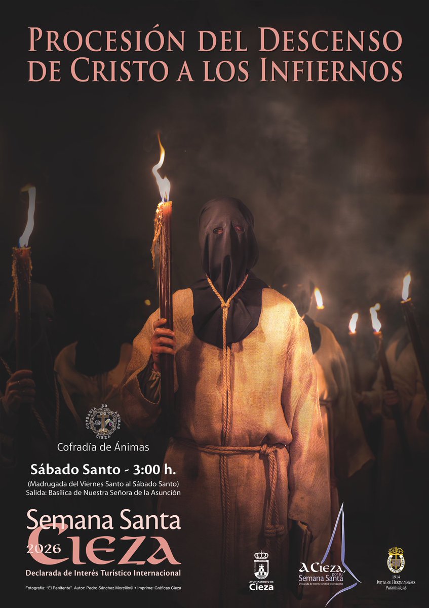Cartel de la Procesión del Descenso de Cristo a los Infiernos 2026 ~ <a href="/animascieza/">Cofradía de Ánimas</a> 

Fotografía de Pedro Sánchez Morcillo.

#ACiezaporsuSemanaSanta #SemanaSantaCieza
#SemanaSanta2026 #SemanaSanta #HolyWeek