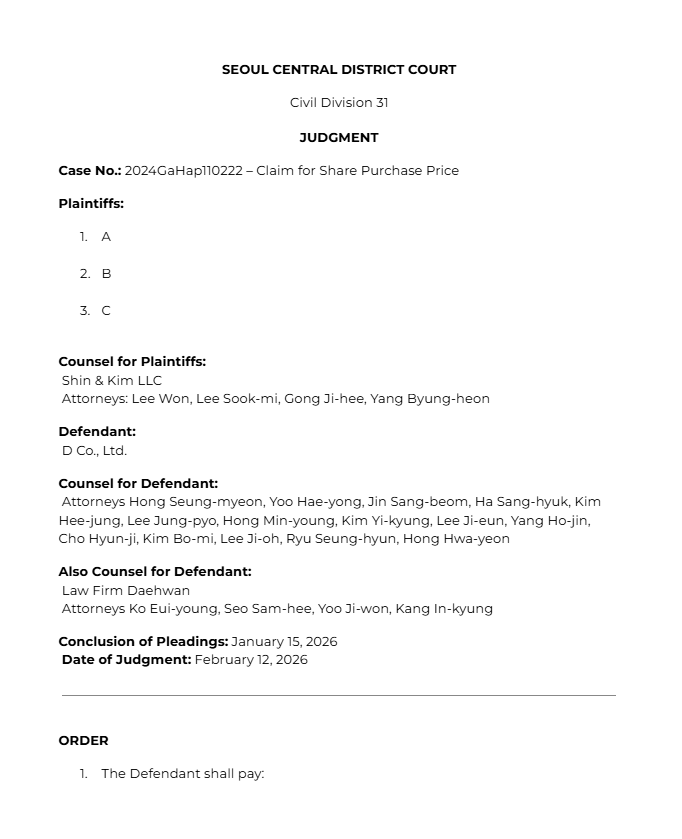juantokki's tweet photo. Seoul Central District Court Case 2024Gahap110222

Claim for Put Option Payment under a Shareholders’ agreement

Plaintiffs A, B, C (Min Hee-jin, Law Firm Sejong) 
Defendant Corporation D (HYBE, Kim & Chang)

(Please do not redistribute or modify this for malicious purposes.

If you encounter malicious comments or posts, they will be reported immediately to the law firm Sejong representing the parties.)

Korean:
https://t.co/FGw4H6nLlG

English:
https://t.co/YhdXv8pr8w
