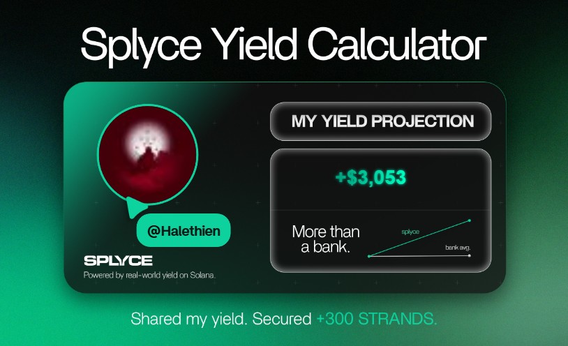 Halethien's tweet photo. Just tested the real-world yield calculator from @SplyceFi.

My numbers came out +2,928.23% higher than leaving it in a bank.

Check yours: https://t.co/oqqc4V7ypF https://t.co/LQd8gWtbwV