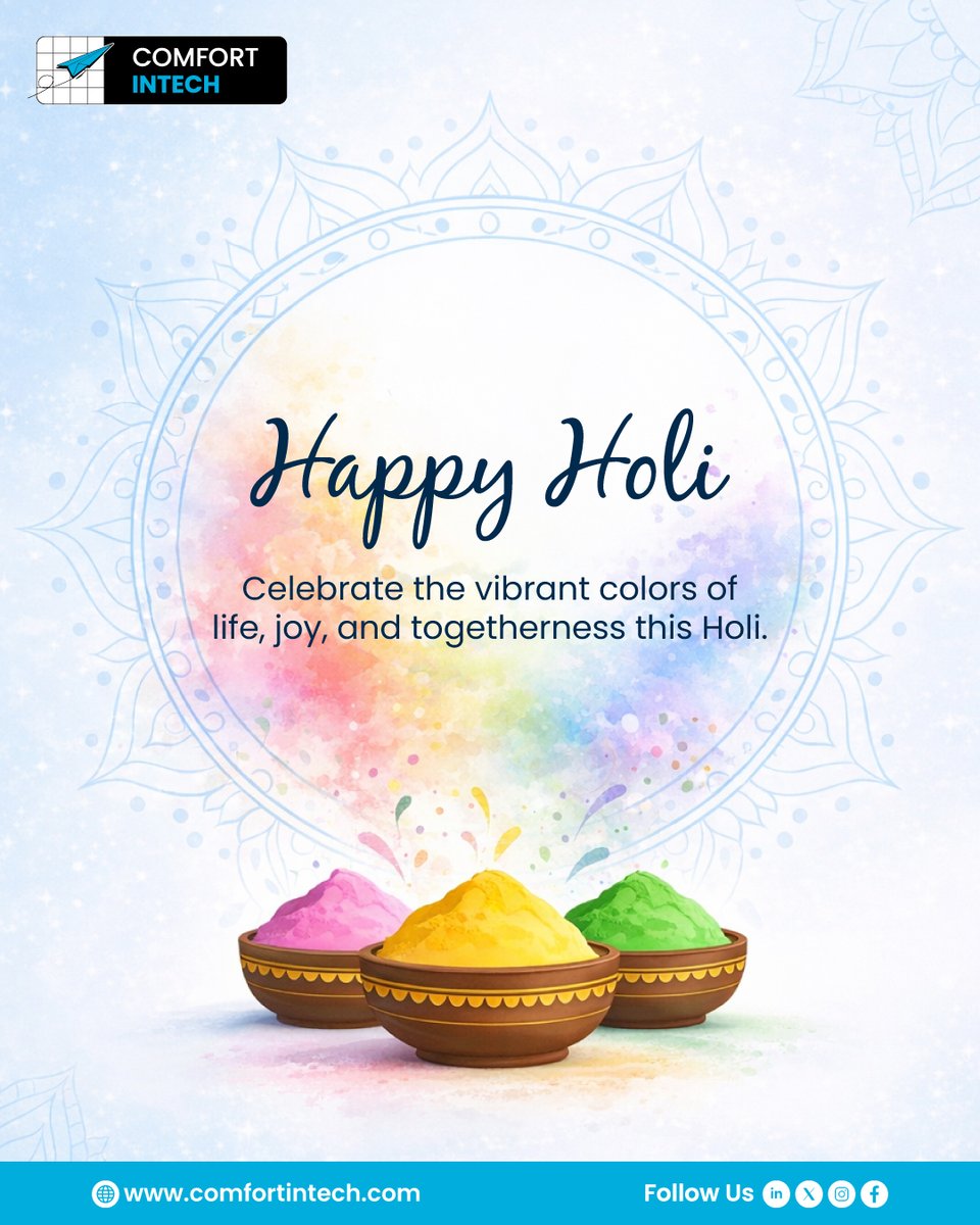 ComfortIntech's tweet photo. Celebrate the vibrant colors of life, joy, and togetherness this Holi. ✨
May the festival fill your days with positivity and unforgettable moments. 🌸

Happy Holi! 🌟

#HappyHoli #ComfortIntech #FestivalOfColors #JoyAndTogetherness #CelebrateLife https://t.co/Puwp8EBWYP