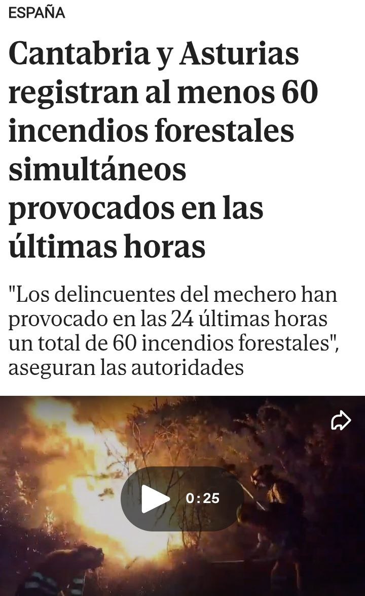 La España húmeda se quema debido a la minería. 🤡

Cantabria y Asturias registran al menos 60 incendios forestales simultáneos provocados en las últimas horas.