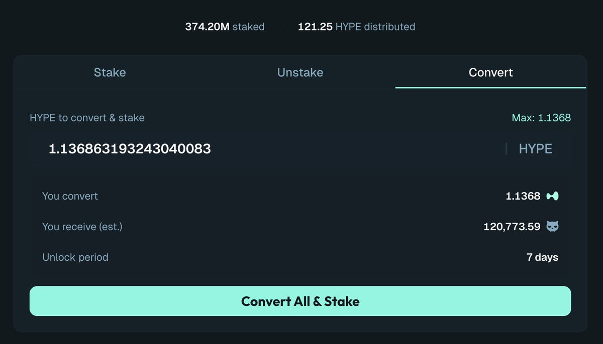 ded__cat's tweet photo. You can now convert $HYPE to $DEDCAT and stake it in one click.

Directly in the vault.

$DEDCAT stakers earn 100% of protocol revenue in $HYPE

https://t.co/8Rqk7jM4a8 https://t.co/BHsZrFSlTj