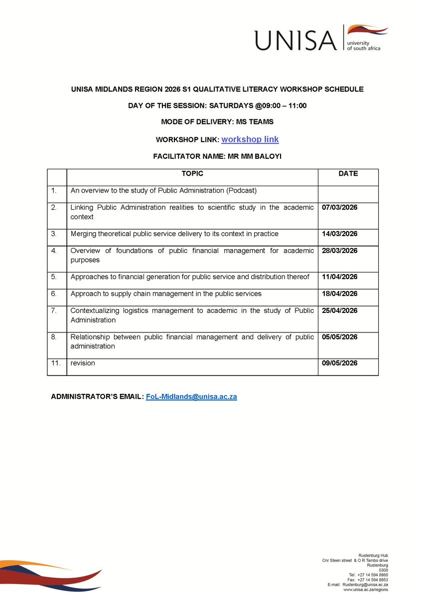 UnisaMidRegion's tweet photo. Invitation to Qualitative Literacy Workshop Schedule. 

Days of the Session: Saturdays @09:00-11:00
Joining link : https://t.co/0NWlSK7AnP
Facilitator’s name: Mr MM Baloyi https://t.co/Wfgt5ZgojG