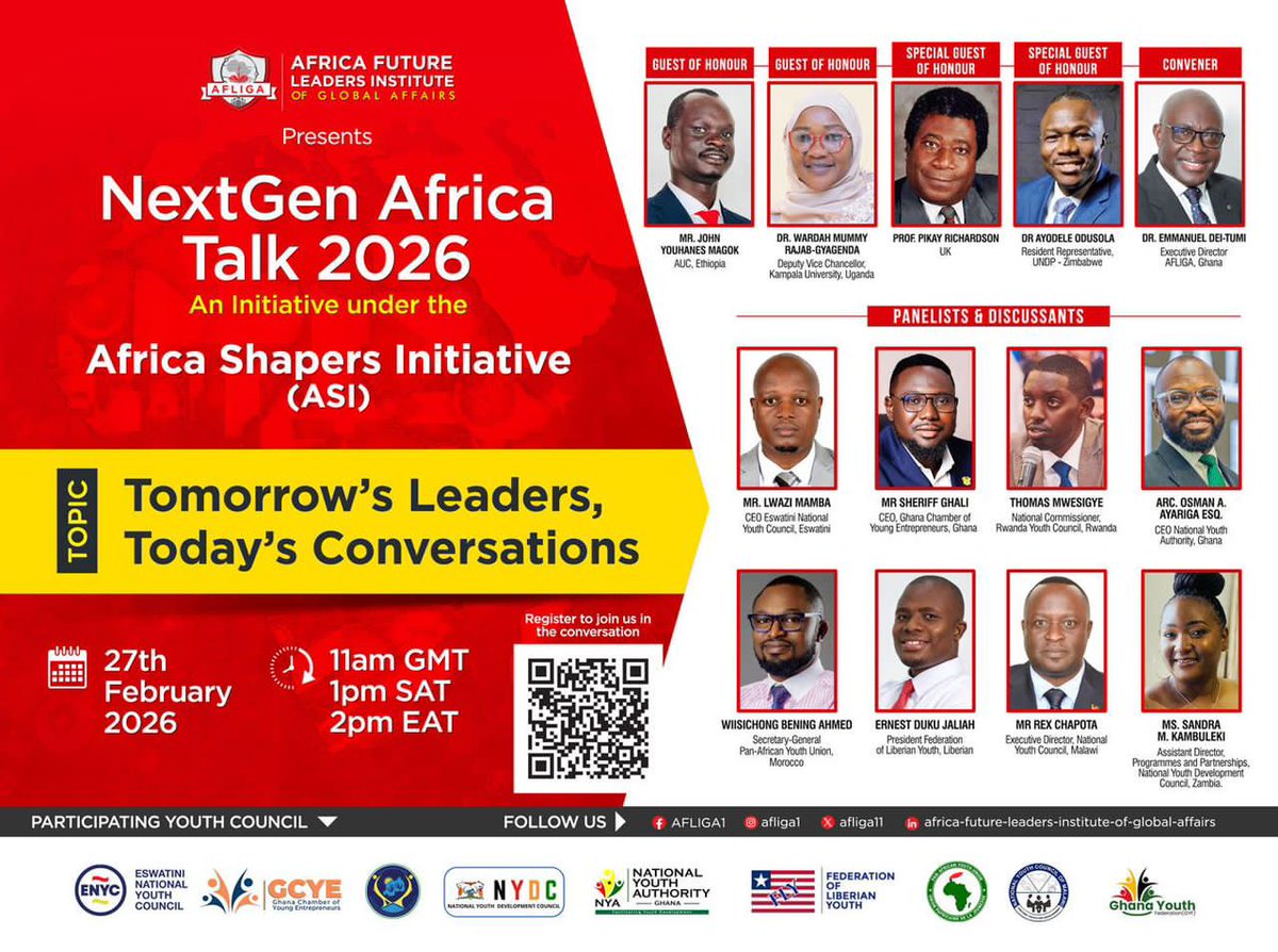 The Council is proud to be represented by CEO Mr. Lwazi Mamba as a panelist at NextGen Africa Talk 2026.
Africa’s youth must move from conversation to coordinated continental action.
🗓 27 Feb 2026 | Free Participation
#ENYC #NextGenAfricaTalk2026 #Eswatini #YouthLeadership