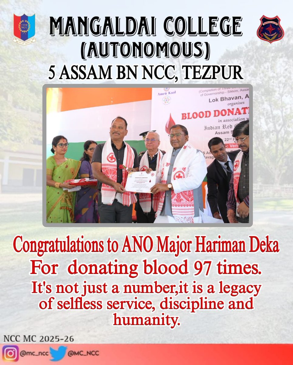 MC_NCC's tweet photo. Saluting to our ANO Major Hariman Deka of Mangaldai College, 5 Assam BN NCC,Tezpur for donating blood 97 times. Felicitated by the Hon’ble Governor at a blood donation camp conducted by Lok Bhavan under Sewa Sankalp Saptah with Indian Red Cross Society, Assam.
@HQ_DG_NCC,@nccner https://t.co/8vdVItcwfq
