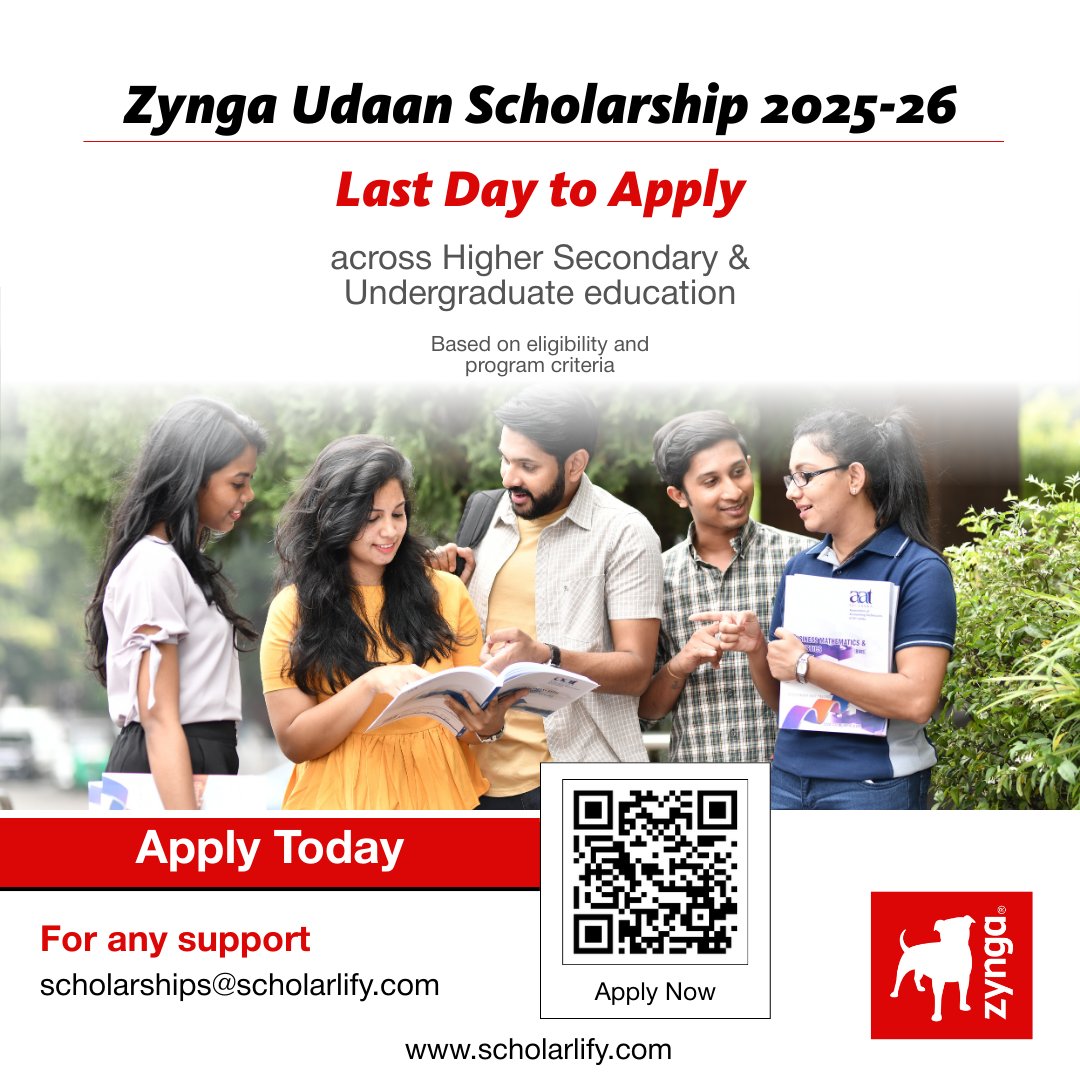 scholarlify's tweet photo. 🚨 Last Day Alert!
Apply for the Zynga Udaan Scholarship 2025–26 today &amp; secure financial support for Higher Secondary &amp; UG education 🎓
Supported by @zynga  | Implemented by @scholarlify 
🔗 https://t.co/s7YRcu6HrU
#LastDayToApply #Scholarship2025 #ZyngaUdaan #ScholarshipsIndia https://t.co/28lL1dnH1v