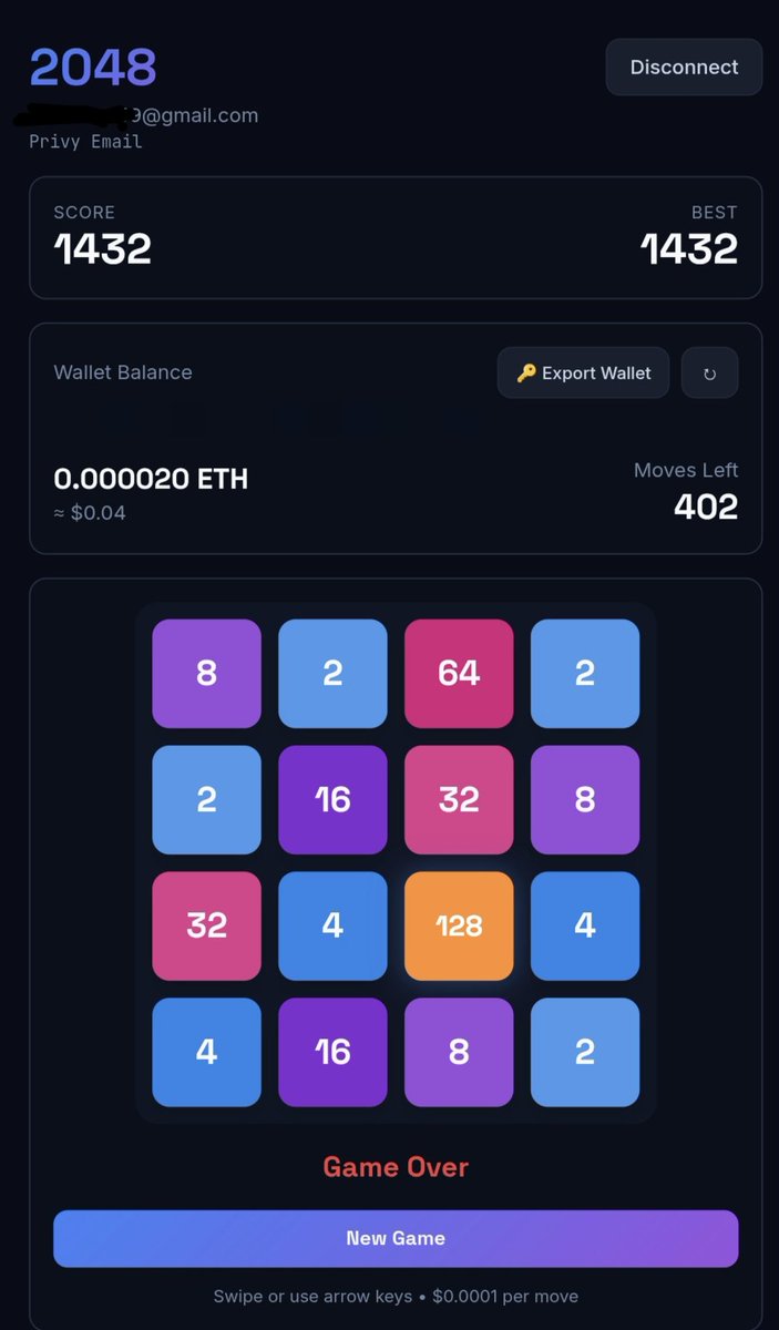 PaulRaimi11's tweet photo. November 2025, I launched my Onchain 2048 game on @base, where every move is an onchain transaction.
Since then, I’ve been constantly improving it step by step.

Today’s major update:
• Completely redesigned and improved UI
• Users can now export their Privy wallet easily https://t.co/nWCh3E7dA9