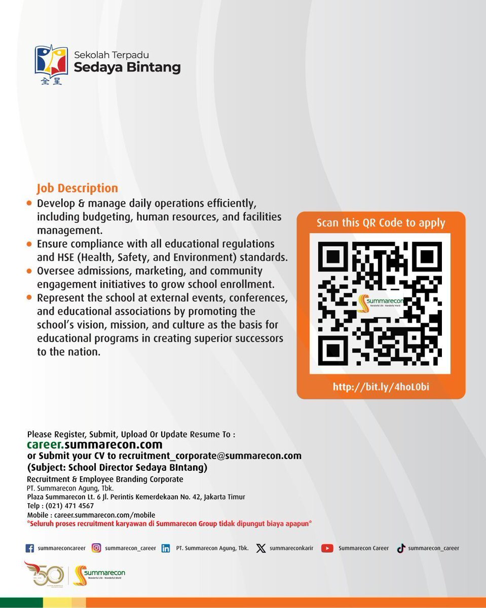 summareconkarir's tweet image. WE'RE HIRING! - SCHOOL DIRECTOR 
 
Interested in applying? do visit this link: bit.ly/3WHY1D9 
 
For more information, please check our website on career.summarecon.com
 
Apply now and wish you the best of luck!
 
#seeyouatsummarecon #summarecon