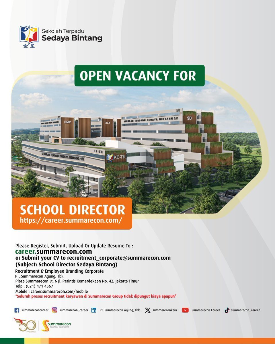 summareconkarir's tweet image. WE'RE HIRING! - SCHOOL DIRECTOR 
 
Interested in applying? do visit this link: bit.ly/3WHY1D9 
 
For more information, please check our website on career.summarecon.com
 
Apply now and wish you the best of luck!
 
#seeyouatsummarecon #summarecon