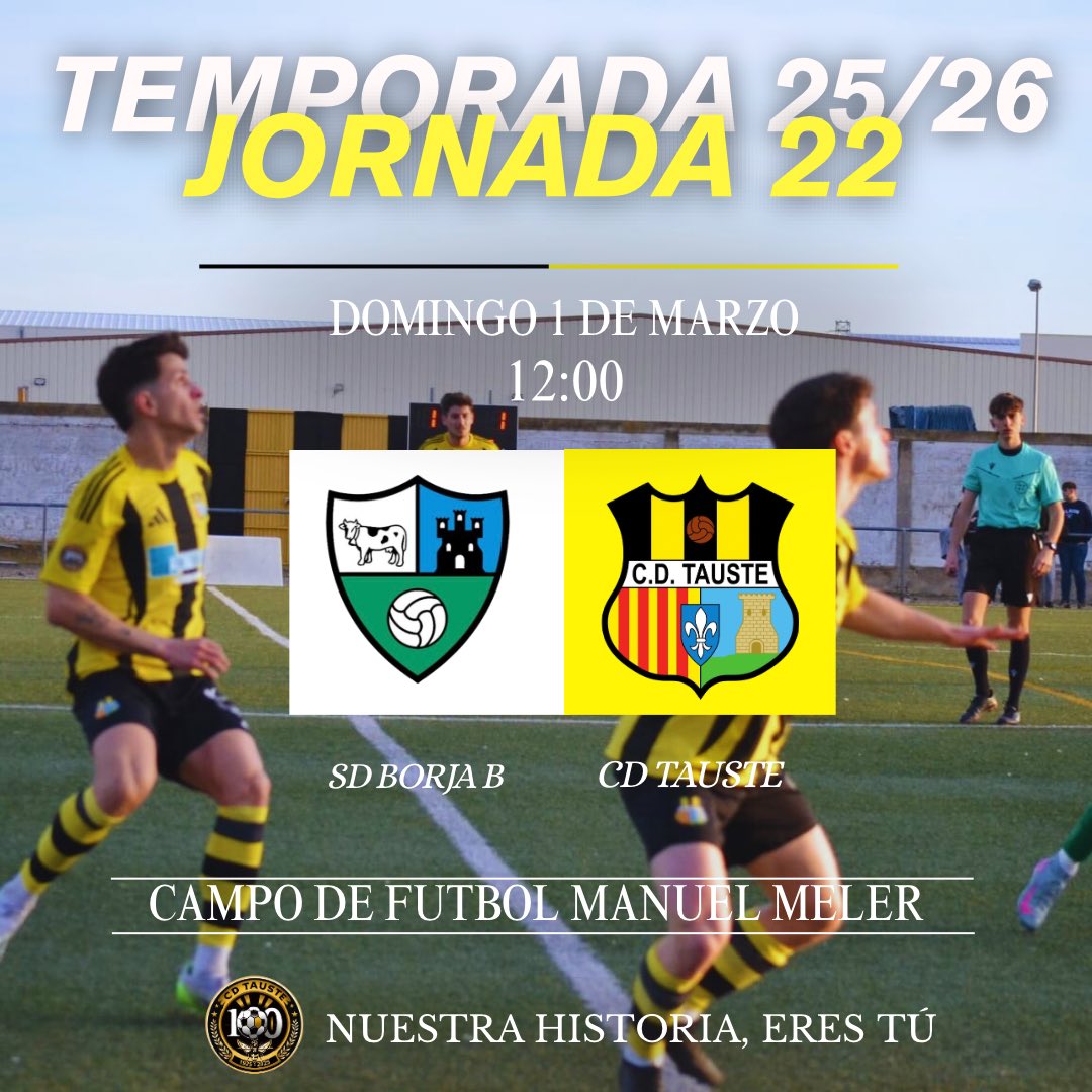 JORNDA 22⚽️

Partidazo en Borja🔥

Nos desplazamos a Borja, esta vez por la mañana, con el objetivo de volver a sumar de tres. El rival viene en una dinámica de resultados, por lo que no será nada facil.

Afición, os necesitamos, porque juntos, somos mas fuertes💪🏼
Aupa el Tauste!