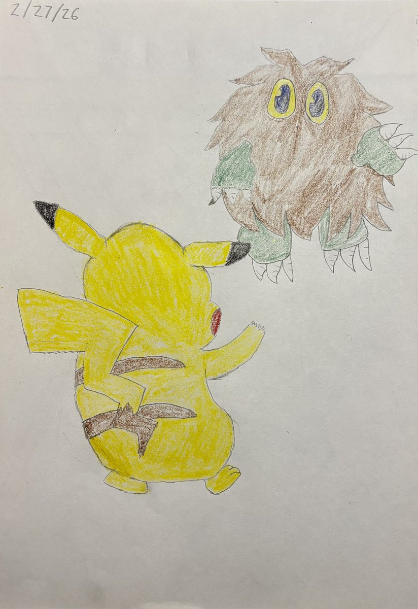 Curotos's tweet photo. Replaying Pokémon Platinum recently has reminded me of why I love these games so much! Yu-Gi-Oh! has been still been hitting as hard as it ever has so I wanted to draw both, used crayons for color and am surprised at how much more vibrant they are than the colored pencils https://t.co/VXKwdC5O63