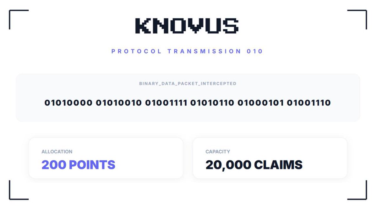 /PROTOCOL TRANSMISSION 010

Binary relay intercepted. Decryption required.

Sequence: 01010000 01010010 01001111 01010110 01000101 01001110

Allocation: 200 Points // 20K Claims

Directive: Translate to text. Input the word in Promo Section.