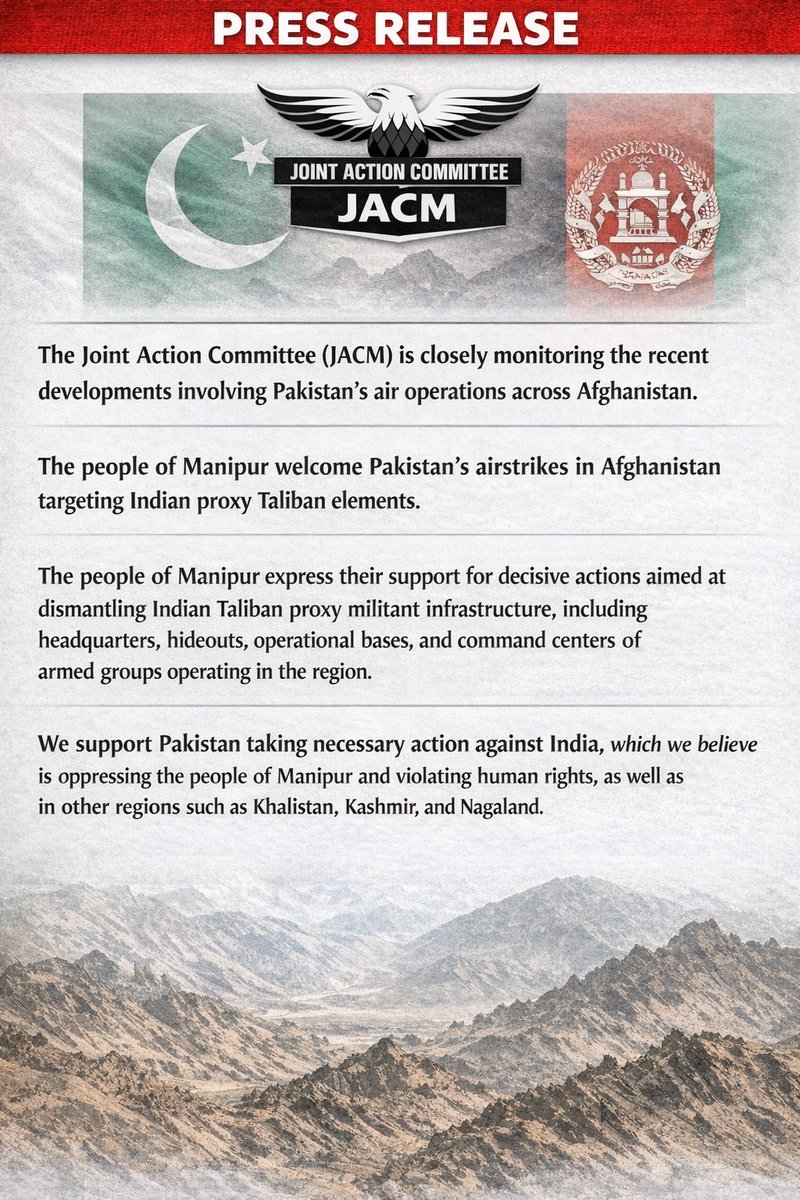 The people of Manipur welcome Pakistan’s airstrikes across Afghanistan targeting Taliban proxies of India.

We are happy that Pakistan is conducting such operations against Indian interests.

FREE MANIPUR! ✊🏻