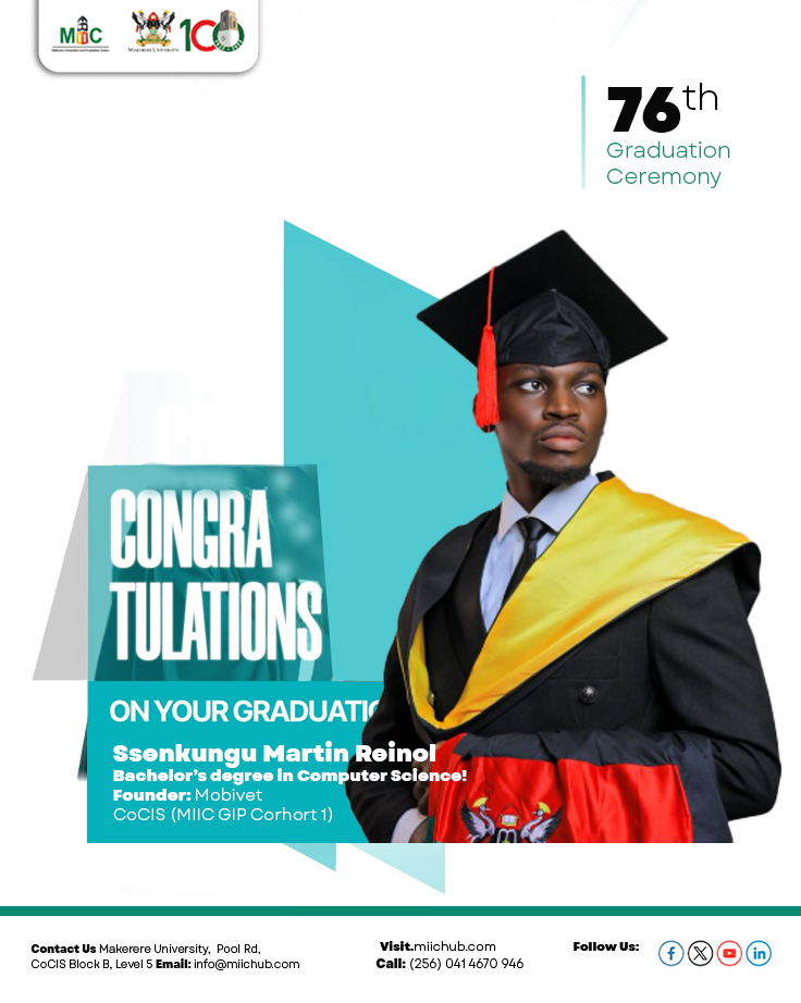 miic_ug's tweet photo. 🎓 Congratulations, Ssekito Isaac and Ssenkungu Martin Reinol on graduating with a Bachelor’s degree in Computer Science!
Ssekitto Isaac and Ssenkungu Martin Reinol are the innovators behind Mobivet, a startup from our #GraduateInnovationProgram (Cohort 1).
Mobivet is an AI-powered Cattle Disease Detector designed to make livestock health management more accessible and cost-effective. Leveraging deep learning and computer vision, the solution analyzes images of cattle to accurately detect diseases such as foot-and-mouth disease, enabling faster diagnosis and informed decision-making for farmers..
We are incredibly proud of his achievement and excited for the impact Mobivet will continue to create in Uganda and beyond.
#MIICStartups #Mak76thGrad @Makerere
@MakCoCIS
