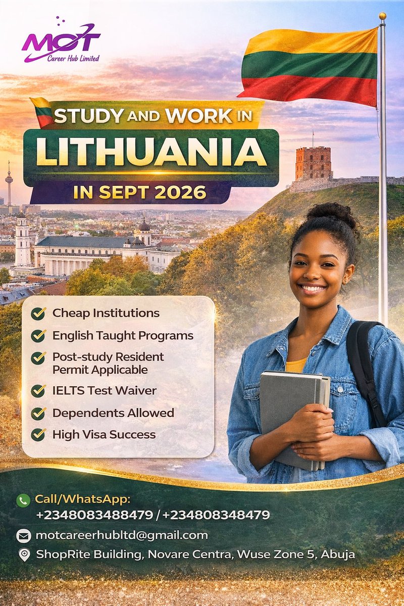 MOTCAREER_HUB's tweet photo. ๐ฑ๐น Study & Work in Lithuania โ Sept 2026 Intake! ๐โจ
โ
Cheap Institutions
โ
English-Taught Programs
โ
IELTS Waiver Available
โ
Post-Study Residence Permit
โ
Dependents Allowed
โ
High Visa Success Rate
#StudyInLithuania #StudyAbroad2026 #EuropeStudy #IELTSWaiver https://t.co/qA1JYwmgps