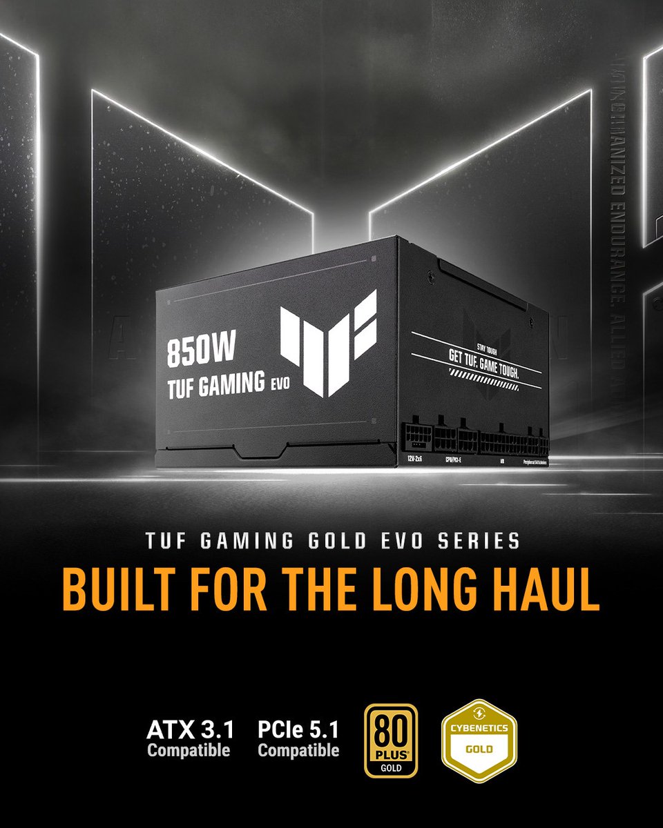 ASUS's tweet image. You upgraded everything…Except the #PSU?

#TUFGaming Gold EVO power supplies are built for the long haul:
🛡️Military-grade components + protective PCB coating
🏅80 Plus &amp;amp; Cybenetics Gold certifications
🎮GeForce #RTX50 &amp;amp; Radeon™ #RX9000 ready

#ASUS #RTX50Series #NVIDIA #AMD