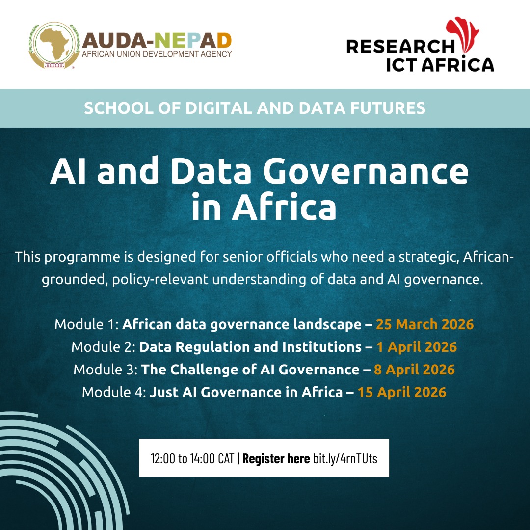 NEPAD_Agency's tweet photo. AUDA-NEPAD, in partnership with @RIAnetwork, is launching an intensive programme on AI and Data Governance in Africa.

The course on Data and AI governance in Africa provides a concise, high-impact pathway to understanding these challenges and opportunities, tailored specifically for the African context. The course kicks off with a four-module programme, designed to provide participants with a practical and policy-relevant overview of Africa’s data and AI governance landscape:

●Module 1: African Data Governance Landscape – 25 March 2026
●Module 2: Data Regulation and Institutions – 1 April 2026
●Module 3: The Challenge of AI Governance – 8 April 2026
●Module 4: Just AI Governance in Africa – 15 April 2026

All sessions will be held online via Zoom from 12:00 to 14:00 CAT. Register here: https://t.co/tOZ12Hn7Q2

The course is delivered in English, with captions available in French, Portuguese, Arabic, and Spanish.

This school represents a unique opportunity for senior officials to deepen their understanding of how Africa can harness AI and data while protecting public interest, promoting equity, and strengthening governance frameworks. AUDA-NEPAD and RIA will bestow certificates on participants who complete the course.
