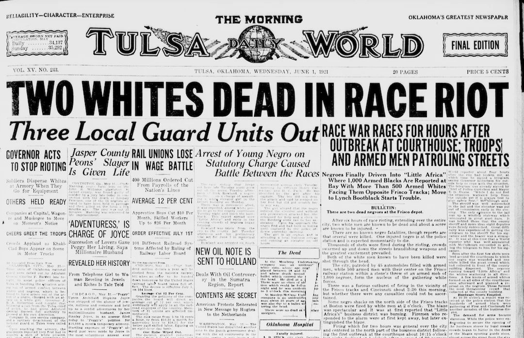 In 1921, a white supremacist mob, aided by the U.S. National Guard, attacked the thriving Black community of Tulsa, OK. 

At least 300 were killed, and over 1,000 were injured in what became known as the Black Wall Street Massacre. 

This is how the media chose to report it.