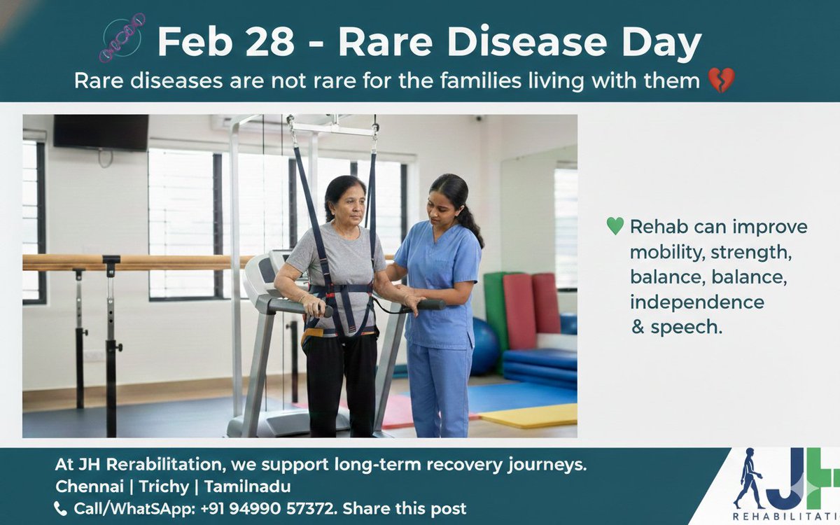 JHRehab's tweet photo. Feb 28 – Rare Disease Day

Rare diseases are rare in numbers…
but not for the families living with them 💔
The real challenge isn’t just diagnosis —
it’s lifelong therapy, care &amp; support.
💚 Rehab can improve mobility, strength, balance, independence &amp; speech.
 #JHrehab #chennai https://t.co/tuvme0Xdu8