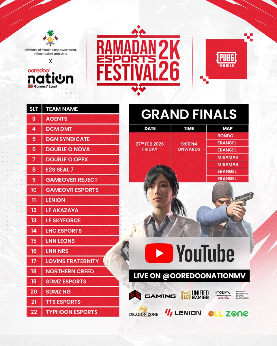 The schedule for PUBGM Grand Finals for Ramadan Esports Festival 2K26  is out!🔥

Matches kick off at 9PM onwards on:
📅 27th Feb

 📺 Watch live on YouTube <a href="/OoredooNationMv/">Ooredoo Nation Mv</a>