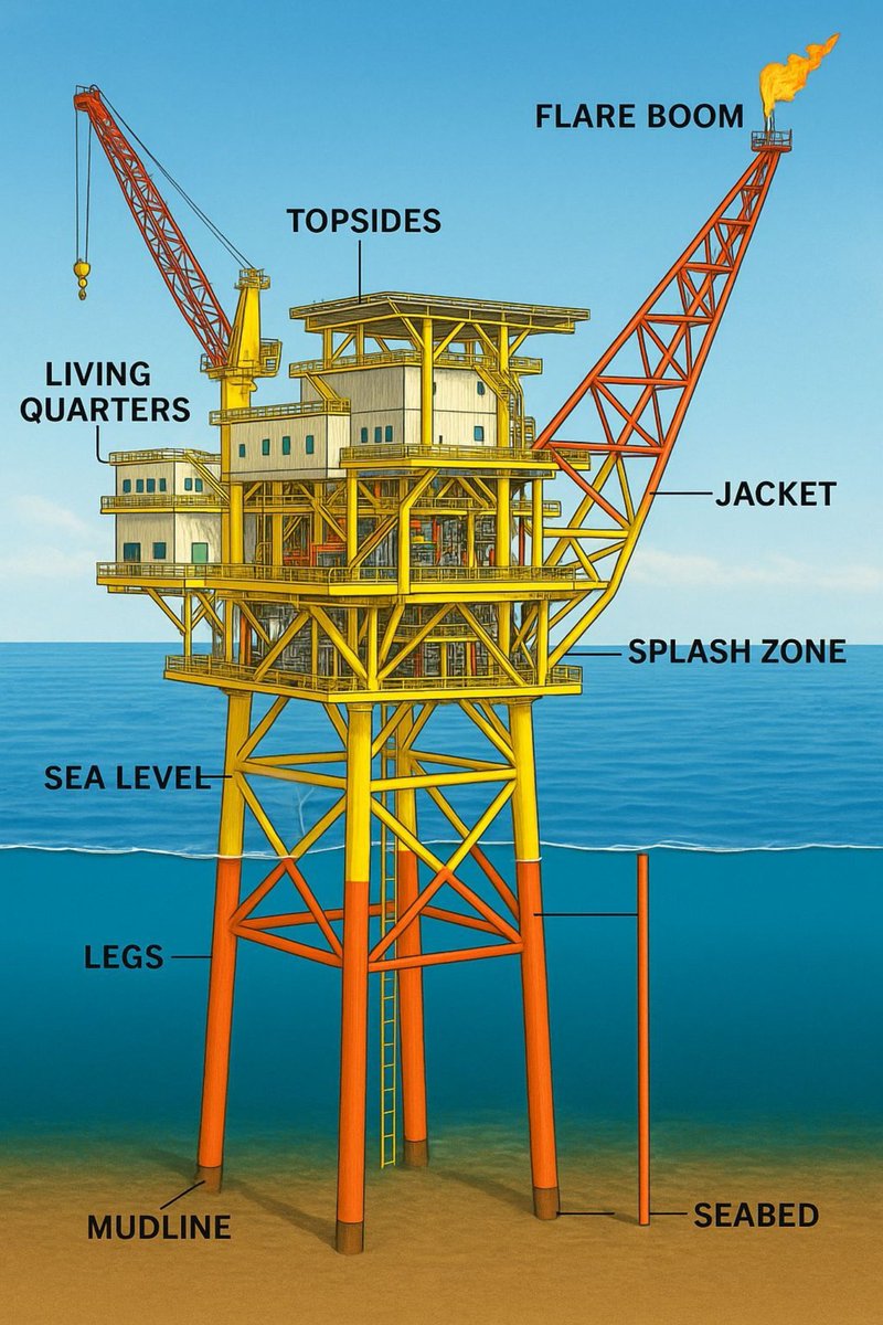 🛢️ Anatomy of an Offshore Oil Platform This is a fixed jacket platform ...