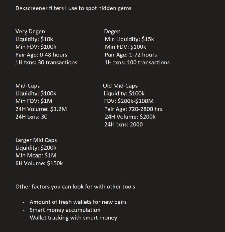wizzonchain's tweet image. filters i use on dexscreener to find hidden gems