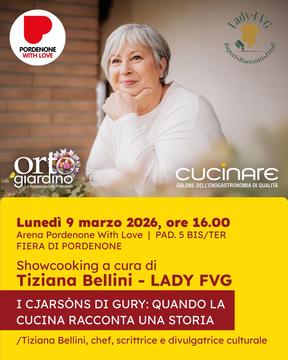 Il 9.03, grazie a Lady FVG, lo showcooking diventa un viaggio tra i sapori del Friuli e le pagine del suo romanzo “Il segreto di Gury”.

🤝 <a href="/PordenonewLove/">Pordenone with Love</a>
🕓 16-17.00
📍Arena Pordenone With Love | Pad. 5 BIS/TER
🔗 tinyurl.com/9d38aebn 
🍽️ Gratis, con biglietto Fiera