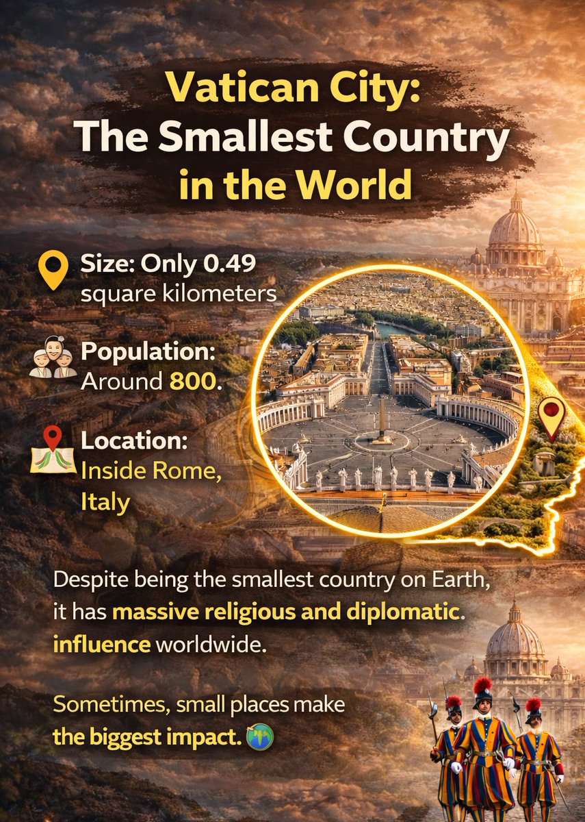 unveilfacto's tweet image. Did you know the world’s smallest country is only 0.49 sq km? 😲

🇻🇦 Vatican City
👥 Population: ~800
📍 Located inside Rome, Italy
Despite its tiny size, it holds huge global religious influence.
Sometimes, small places make the biggest impact. 🌍

#VaticanCity #SmallestCountry