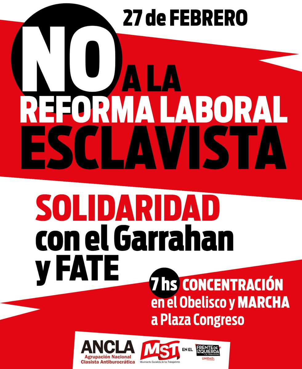 Hoy estaremos en las calles y en unidad contra la Reforma Esclavista y por Garrahan y FATE causas nacionales. #NoPasarán