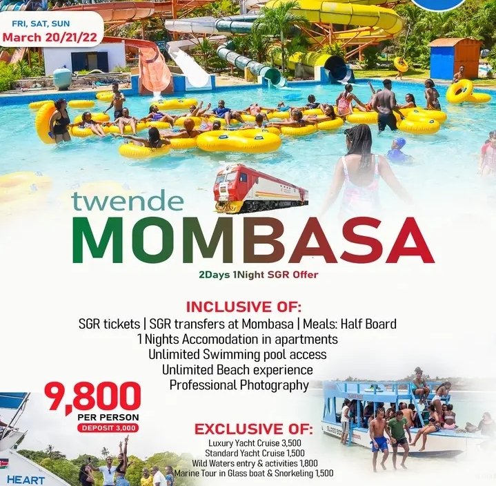 𝗠𝗢𝗠𝗕𝗔𝗦𝗔 𝟮𝗗𝗔𝗬𝗦 𝟭𝗡𝗜𝗚𝗛𝗧 𝗞𝗘𝗦.𝟵,𝟴𝟬𝟬
#WildWalters #YachtCruize #MarineParkExcursion
March 20th to 22nd 2026
#INCLUSIVE 
➖SGR tickets 
➖SGR transfers at mombasa 
➖Accommodation Apartments (2ppl per room)
➖Meals Half board
➖Unlimited access to swimming pool