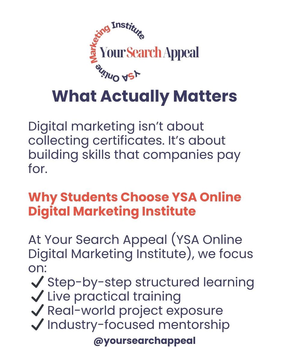 YsaInstitute's tweet photo. Not every course builds a career.

Many learners struggle in digital marketing because they get theory without direction.

At @YsaInstitute – Your Search Appeal, we focus on practical skills, niche clarity, and real-world execution - that’s why we’re here. https://t.co/XEvH6PaWXI