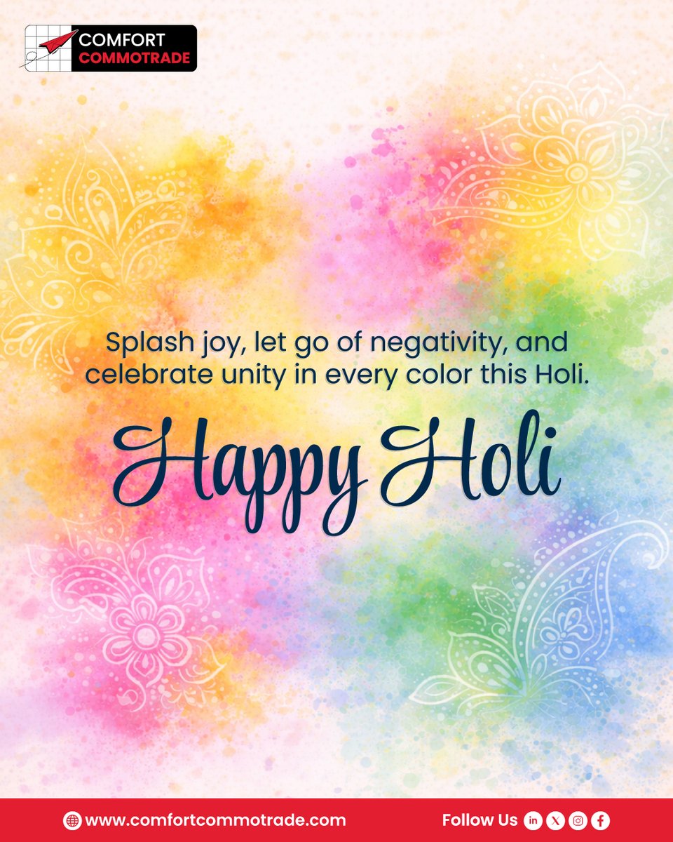 ComfortCommo's tweet photo. Splash joy, let go of negativity, and celebrate unity in every color this Holi. ✨ Wishing you happiness, positivity, and vibrant moments. Happy Holi!

#HappyHoli #ComfortCommotrade #FestivalOfColors #SpreadJoy #CelebrateTogether https://t.co/UXFPy3grpk
