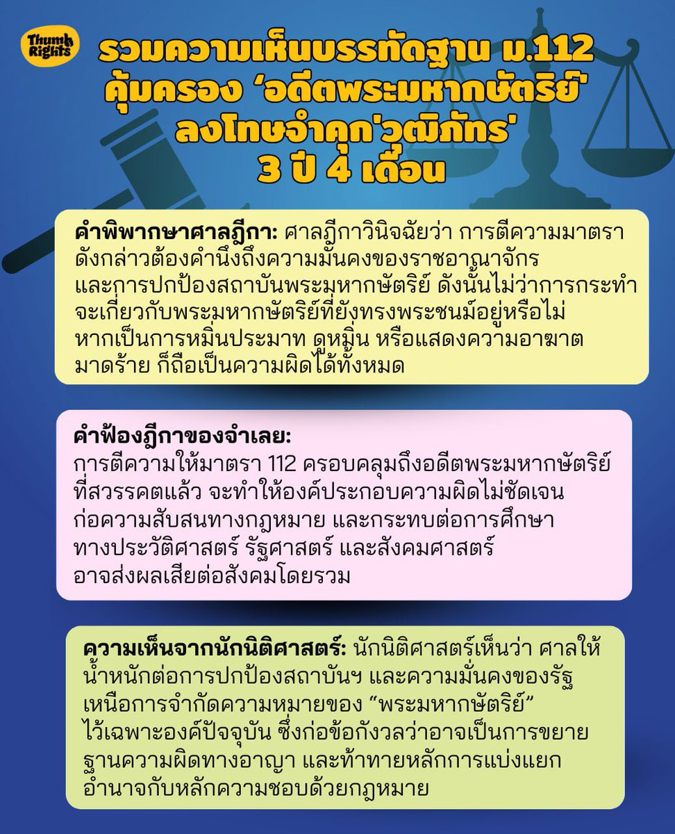 รวมความเห็นกรณี ศาลฎีกาสร้างบรรทัดฐาน ม.112 คุ้มครอง 'อดีตพระมหากษัตริย์' ลงโทษจำคุก 'วุฒิภัทร' 3 ปี 4 เดือน ไม่รอลงอาญา

วันที่ 18 กุมภาพันธ์ 2569 เวลา 09.00 น. ได้มีคำพิพากษาศาลฎีกาคดีของ “วุฒิภัทร(นามสมมติ)” พนักงานบริษัทวัย 31 ปี จากจังหวัดอยุธยา