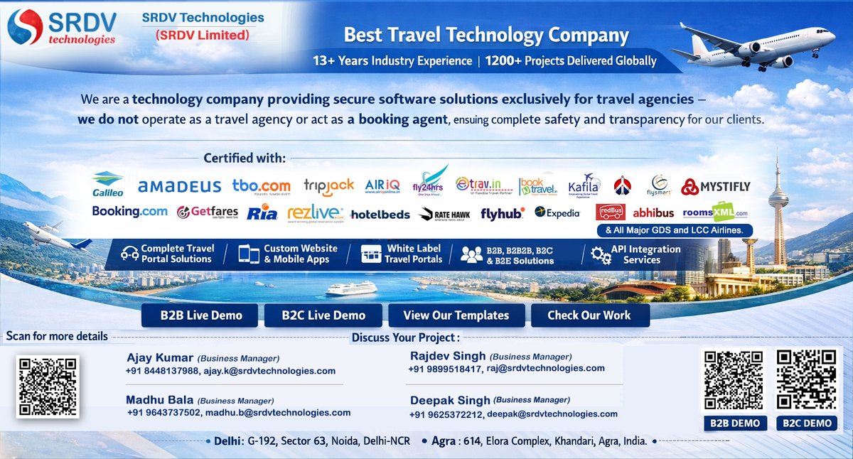 srdvtech's tweet photo. At SRDV Technologies, we take pride in being recognized as a Best Travel Technology Company with:
✅13+ Years of Industry Experience
✅1200+ Projects Delivered Globally
👉 We do NOT operate as a travel agency or booking agent -ensuring 100% transparency and trust for our clients. https://t.co/ODUO4ThkMR