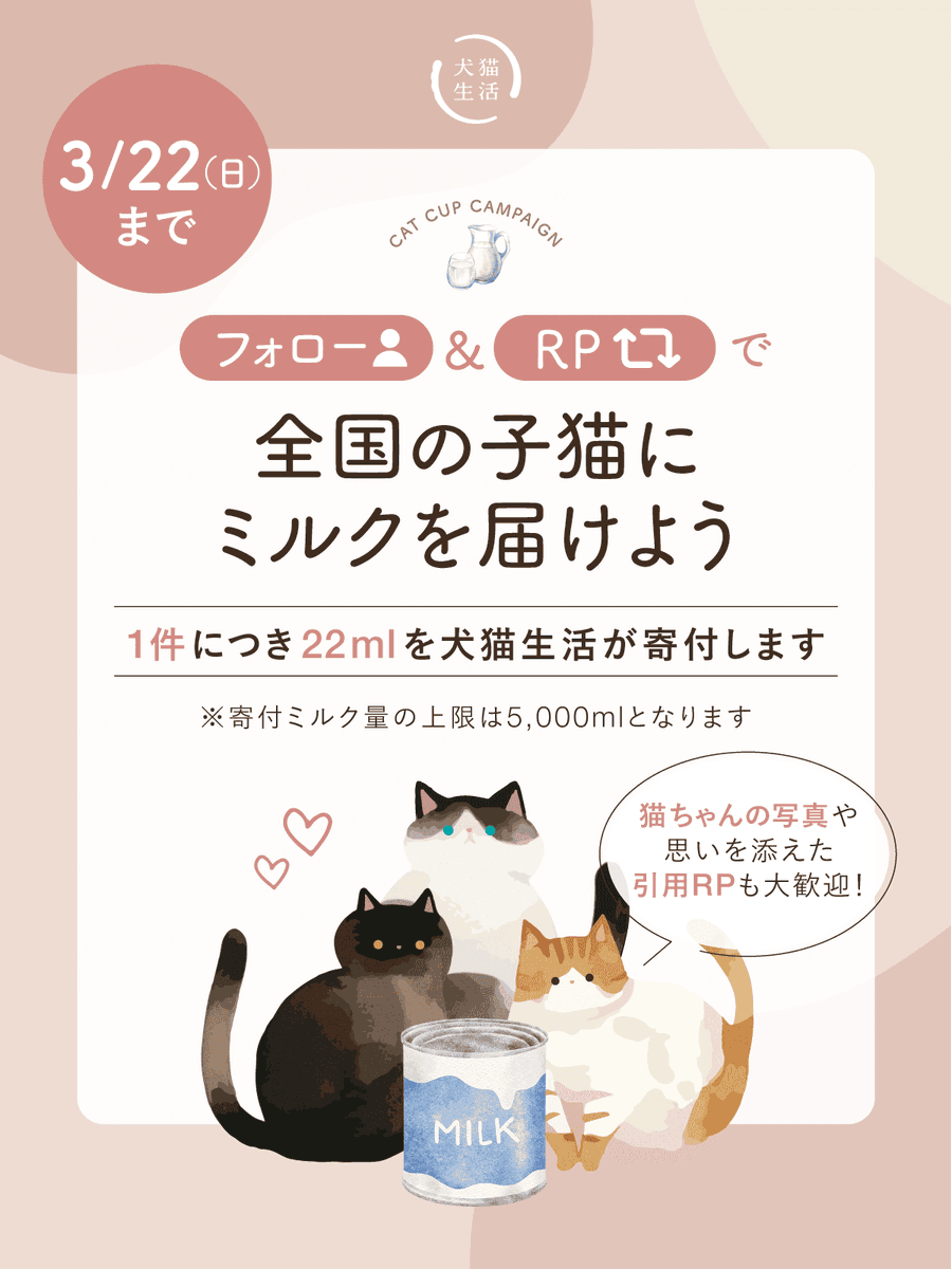 ＼子猫にミルクを届けよう！🍼 🐱 ／
フォロー＆リポストでミルクを寄付できます✨

殺処分される猫ちゃんの半数以上は子猫という現実があります。まもなく春の繁殖シーズン、保護活動の現場ではたくさんのミルクが必要です。

今年の #キャットカップキャンペーン
