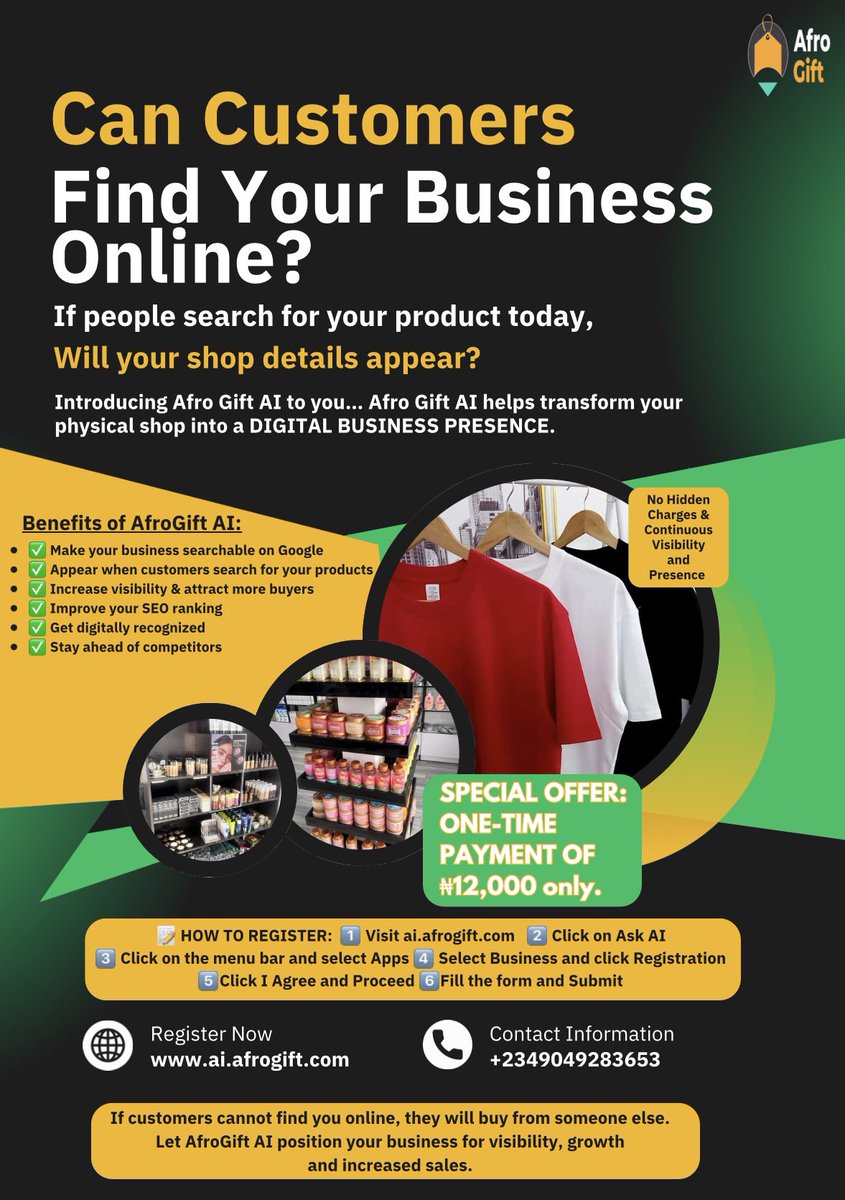 AfroGiftNG's tweet photo. Can Customers Find Your Business Online?
If someone searches for your product today on Google…
👉 Will your shop appear?
👉 Will your contact details show?
👉 Or will they find your competitor instead?
That is why we created AfroGift AI.

🔗Register Now: https://t.co/A9kHJ41PXI https://t.co/b9zlXHy0hg