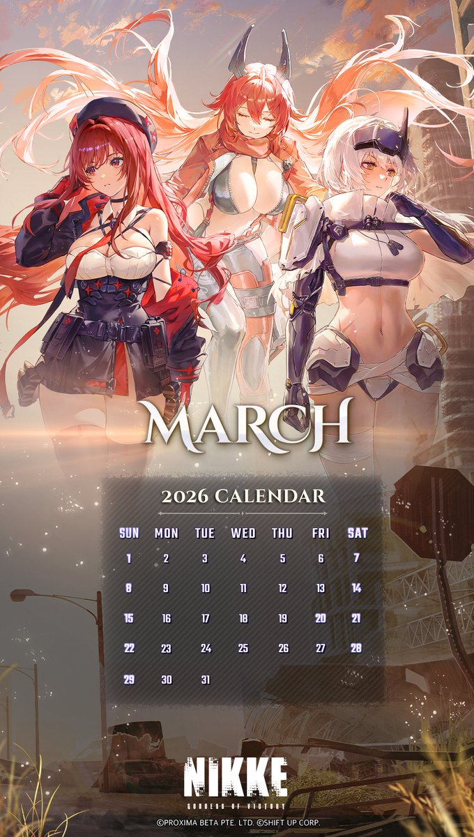 NIKKE_japan's tweet photo. 【カレンダー配布】
2026年が始まって早くも二ヶ月が過ぎました…！
そこで、3月も新しいカレンダーをプレゼント🎁

指揮官、今日もニケたちと共に戦いましょう🔫

壁紙などに設定して、引き続き地上奪還を目指しましょう🔫

#NIKKE #ニケ #メガニケ https://t.co/XFoQGWMTHF