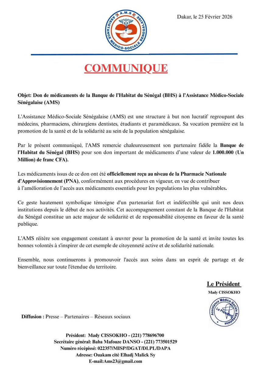 AMS2k23's tweet photo. 🛑🛑🛑
L’AMS informe qu’elle a reçu un important don de médicaments de la part de la Banque de l'Habitat du Sénégal (BHS) .
À travers ce geste de solidarité, l’AMS réaffirme son engagement à promouvoir la santé pour tous et invite chacun à soutenir les initiatives citoyennes ! https://t.co/VyNVJM5WBF