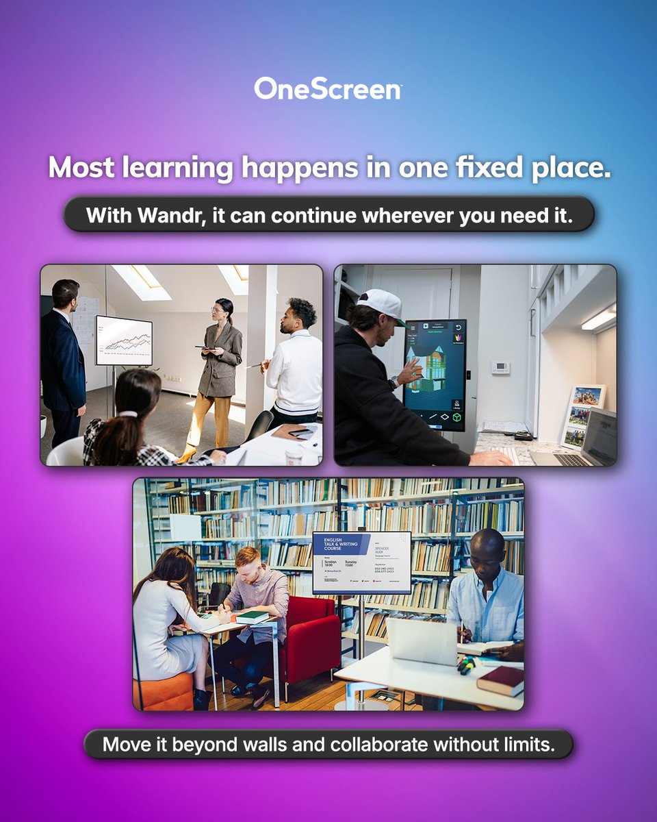 OneScreen_MEA's tweet photo. Learning and collaboration often stay in one place, fixed to a wall or limited to a single setup.

WANDR changes that.

A portable touchscreen designed to move effortlessly between spaces, bringing flexibility to meetings, learning sessions, creative work, and shared moments.

No fixed setup.
No limitations.
Just the freedom to collaborate wherever it makes sense.

Because ideas evolve.
And your screen should move with them.

See it in action:
https://t.co/0KNBD6Y4dO
