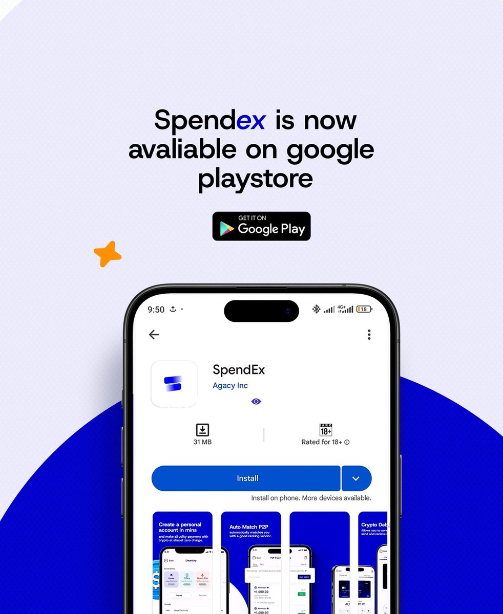 Spendex is now live on Google Play with lightning-fast transactions and near-zero fees.

Spendex is offering you:

- Instant crypto withdrawals to NGN
- Automated P2P system
- 30% referral rewards 
-  Pay for airtime, data, electricity and other utilities with crypto
- Spendable
