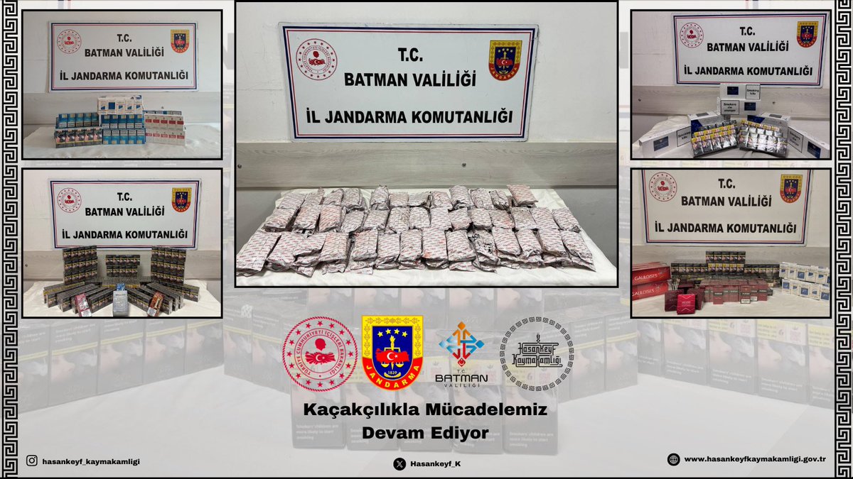 📌Hasankeyf İlçe Jandarma Komutanlığı ekiplerince, Hasankeyf ilçesi uygulama noktasında durdurulan 4️⃣5️⃣ farklı araçtan;

❌ 1️⃣1️⃣.5️⃣0️⃣0️⃣ paket gümrük kaçağı sigara, 
❌ 9️⃣2️⃣ adet faturasız kamyon lastiği,
❌ 4️⃣1️⃣ kutu gümrük kaçağı parfüm,
❌ 2️⃣3️⃣ adet elektronik sigara, 
❌