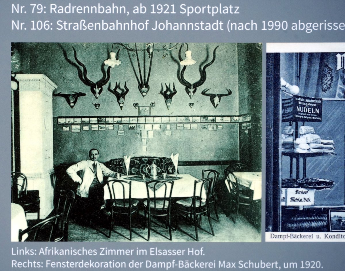 Forstler1's tweet photo. Die Johannstadt von Dresden

Das Viertel entstand Ende des 19. Jahrhunderts auf einem freien Feld vor der Stadt. Es wurde ein ziemlich geschlossenes Viertel mit Straßenzügen im Stile des späten Kaiserreiches. Die Häuserzüge wurden meist rechteckig um einen großen Hof angelegt, in den Höfen wuchs eine reiche Kleinindustrie. Handwerker, Baubetriebe. Es gab viele Geschäfte und Gaststätten. Die zentrale Straße, die Pfotenhauerstraße, wurde nach einem Dresdner Oberbürgermeister benannt.  Sie entwickelte sich schnell zu einer pulsierenden Flaniermeile mit vielen Geschäften und Gaststätten. 1893 wurde eine Straßenbahnlinie in der Straße gebaut, die erste elektrische Straßenbahn Sachsens, vom Theaterplatz zum Blauen Wunder, von der man heute immer noch träumt, sie wieder anzulegen. In dieser Straßenbahnlinie fand 1901 der Mord aus verschmähter Liebe am Komponisten Gustav Adolf Gunkel statt, der sogar literarisch wurde: 

https://t.co/iZzhi1VZoK 

Als man 1876 die Straße anlegte, richtete man sie nach dem 1861 auf der anderen Elbseite errichtete Schloss Eckberg, dem rechten der drei Dresdner Elbschlösser aus. Man hatte damals einen guten Sinn für Blickbeziehungen.

Während des Bombenangriffs von Februar 1945 wurde das Viertel weitgehend zerstört, lediglich am östlichen Ende im Bereich Hertelstraße-Neubertstraße-Blumenstraße stehen noch ein paar originale Häuser. Zu DDR-Zeiten nicht gepflegt und mit schlechter Ausstattung aus der Gründerzeit: Kohleheizung (Einzelöfen), Außen-WC, keine Bäder. Nach der Wende saniert, heute begehrte Altbauwohnungen. Dieses Stadtviertel war der Stadtbezirk Dresdens mit dem höchsten Zerstörungsgrad nach dem Angriff im Februar 1945. 

Zu DDR-Zeiten, anders konnte man es damals wohl nicht, krachte man elfgeschossige Plattenbauten in die Gegend, wobei auch Straßenzüge wie die Blumenstraße überbaut wurden. Nach der Wende begann man, angrenzend an die bestehenden Häuser östlich ein paar Lücken zu schließen. Schön sehen sie auch nicht aus und die Geschäfte in den Erdgeschossen stehen heute oft leer. Und man hat diesen Wiederaufbauprozess wohl beendet, der in der Euphorie der Wendezeit viel großzüger gedacht war. 

Obwohl mittlerweile in der Johannstadt viele Menschen leben, war die Einwohnerzahl vor dem Krieg dreimal so hoch wie heute. Im Bereich der Nördlichen Johannstadt in die Plattenbauten zogen viele Neubürger ein, die mittlerweile das Stadtbild sehr prägen.

Die Bilder sind von gestern, die beiden unteren Bilder habe ich von einer Tafel abfotografiert, die einen historischen Rundgang durch die Johannstadt begleiten. 

(1) Die Pfotenhauerstraße mit Blick auf Schloss Eckberg.

(2) Solchen industriell gefertigten Schmuck sieht man noch an den wenigen verbliebenen Häusern.
 
(3) Auf dem historischen Bild sieht man gut die Straßenbahngleise. Der Standort entspricht nicht dem der neuen Aufnahme oben links, er ist genau einen Straßenzug weiter östlich, hinten.

(4) Das Afrikazimmer im Elsässer Hof in der Pfotenhauerstraße. Damals hatte Deutschland einige Kolonien erworben, Schutzgebiete genannt, Togo, Kamerun, Ostafrika (Tansania), Südwestafrika und ein paar weitere in Asien-Ozeanien. In Deutschland entstanden viele Kolonialwarenläden und solche Gaststätten. Selbst die heutige EDEKA erinnert an diese Zeiten, ging sie doch aus der 1898 gegründeten Einkaufsgenossenschaft der Kolonialwarenhändler hervor.
