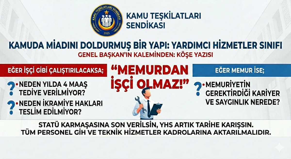 Genel Başkanımızın kaleminden,

Kamuda adaletin "Araf"ı son bulmalı, Yardımcı Hizmetler Sınıfı artık tarihe karışmalıdır. ⚖️📢

#YardımcıHizmetlerSınıfı 

👇🔂
kritiknokta.com/haber/kamuda-m…

​#YHSKaldırılsın #GİHKadrosu #MemurHakları #YhsMemurHakkınıİstiyor
#yhs
<a href="/erkan_gocmen_/">Erkan GÖÇMEN</a>