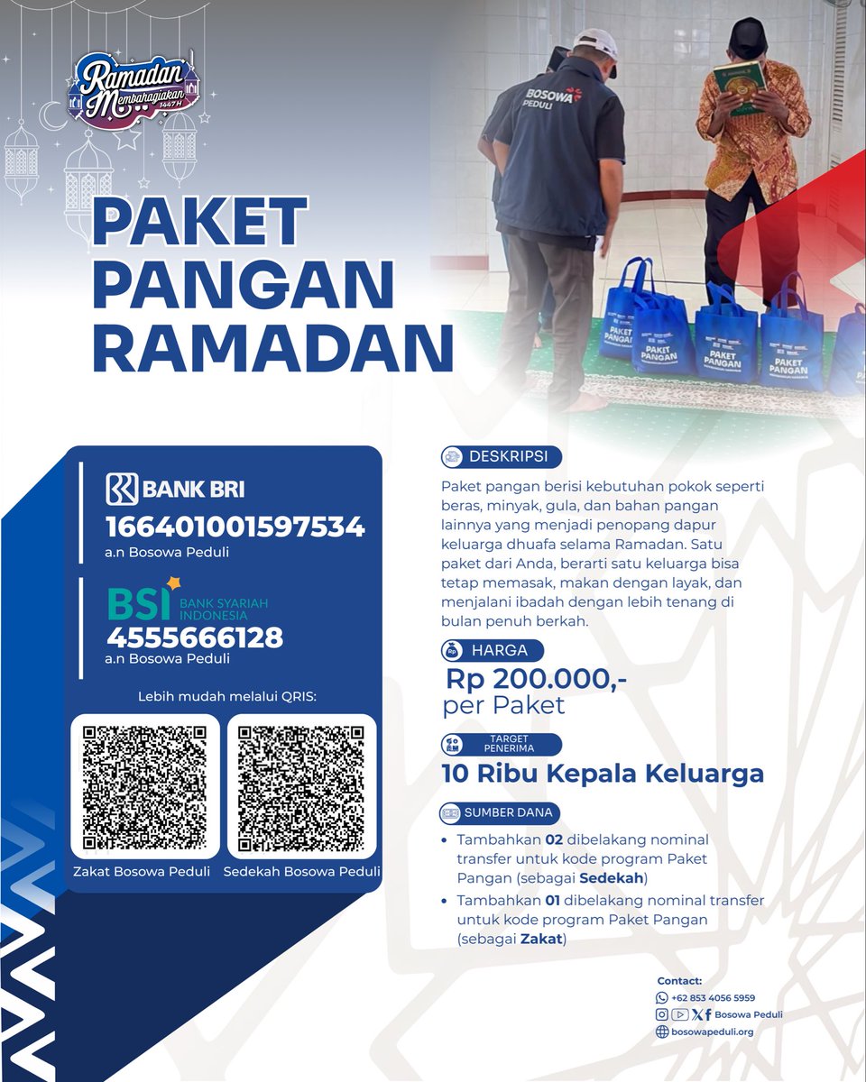 bosowapeduli's tweet photo. Paket Pangan Ramadan 🌙
Salah satu program Bosowa Peduli dalam rangkaian Ramadan Membahagiakan. Karena berbagi kebutuhan pokok, bisa jadi cara paling sederhana untuk menghadirkan ketenangan di bulan suci.
Satu paket, satu senyum, satu keluarga yang lebih tenang. 💙 https://t.co/wfn4CyXa9D