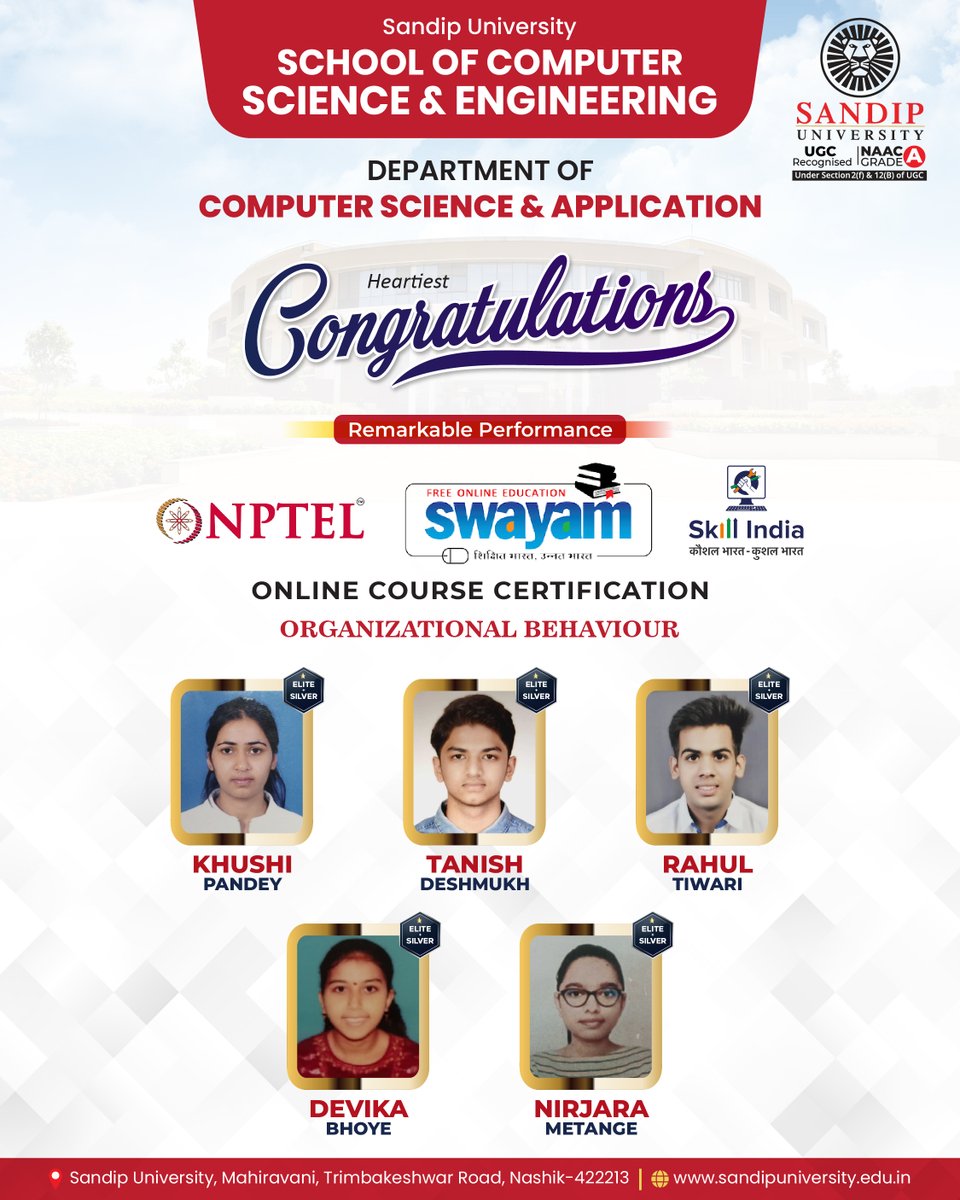 Hearty congratulations to our students from the Department of Computer Science and Application at the School of Computer Science and Engineering (SOCSE) on completing the NPTEL and Swayam Online Certification Course on the topic “Organisational Behaviour”.

Consistent upskilling