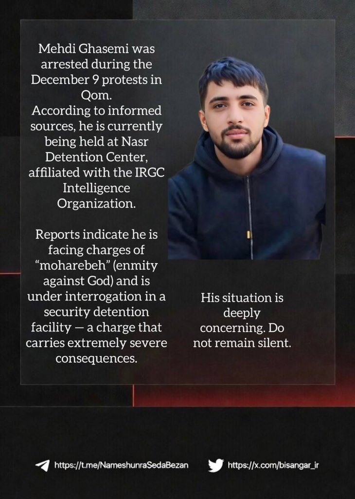 Annadilgalaxy's tweet photo. #MehdiGhasemi has been illegally detained by the IRGC and now faces execution as he was charged with Moharebeh. Be his voice, and don't let them take another innocent life.SHARE THIS!
#ranMassacre
#StopExecutionsIran https://t.co/Q6Ub8d7o9O