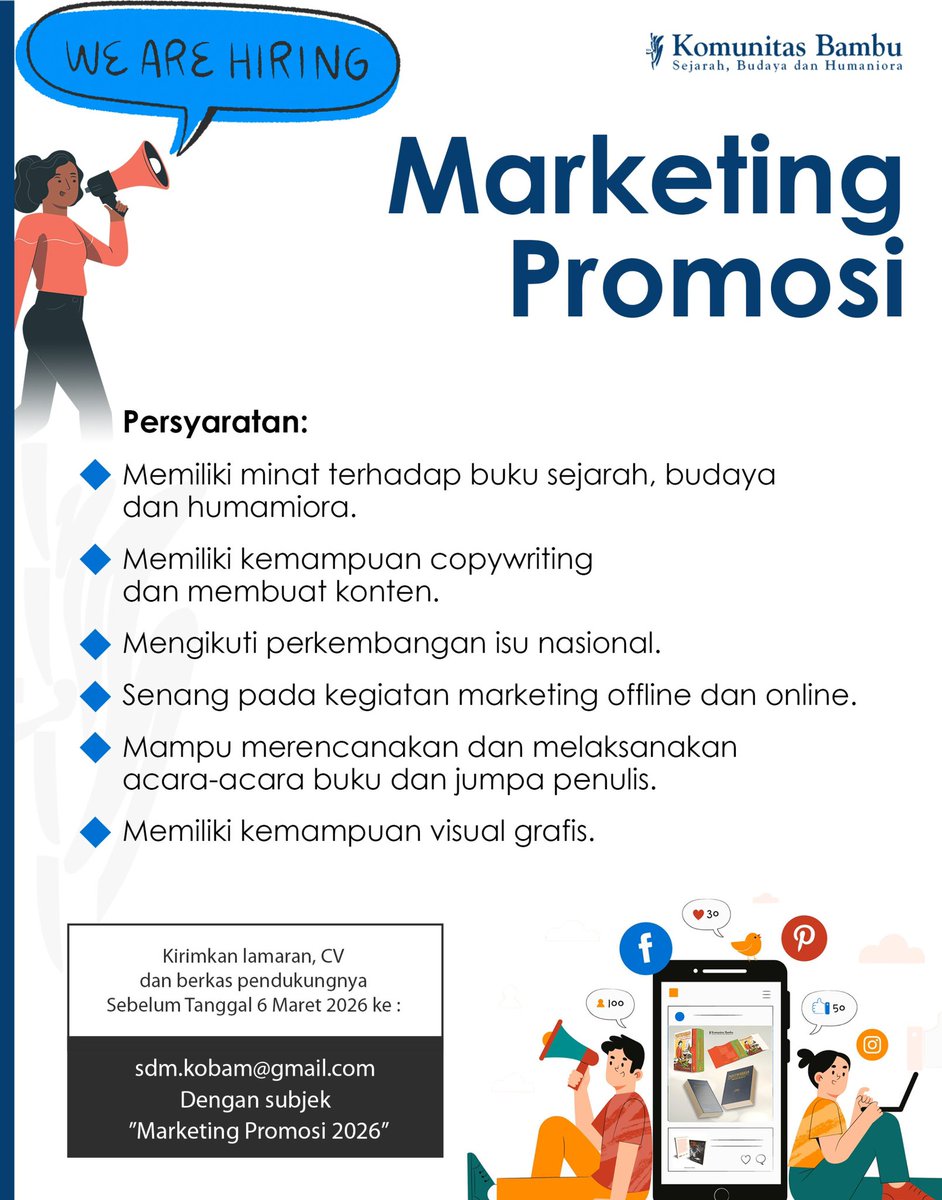 Komunitas Bambu membuka kesempatan untuk bergabung menjadi Marketing Promosi. Silakan kirim persyaratan melalui surel kami.