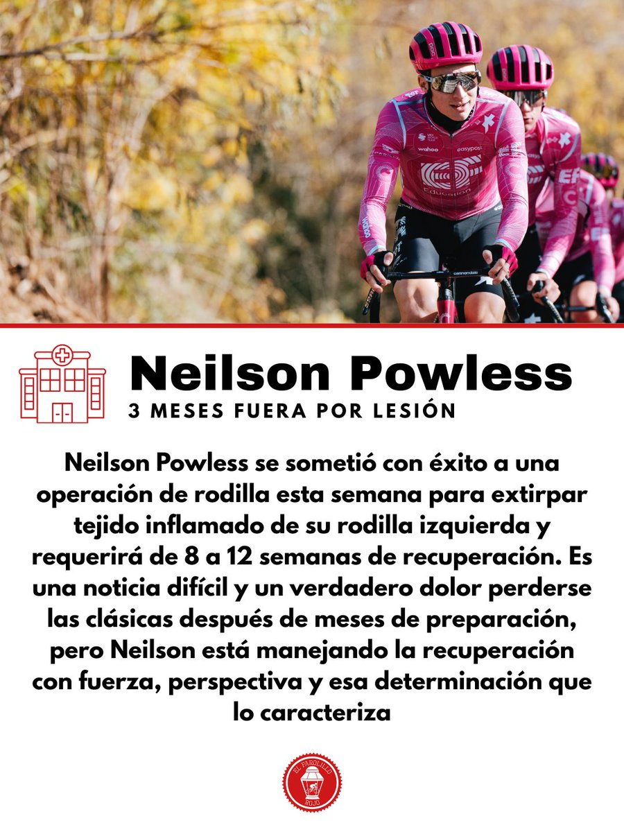 Farolillo_Rouge's tweet photo. Siguen las malas noticias en cuanto a lesiones se refiere 😢 El bueno de Powless se perderá toda la campaña de clásicas y el inicio de temporada por una intervención en la rodilla 🦵
🚴♂️ #ciclismo #noticiasciclismo #NeilsonPowless 🇺🇸 https://t.co/4vtFpmXJ5a