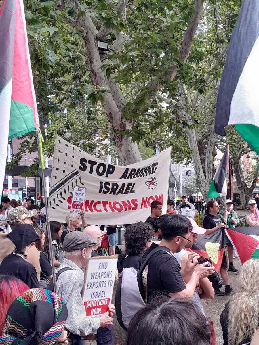 Loud crowd in Sydney: Globalise the uprising, globalise the intifada of justice and peace for everyone in historic Palestine. Israel out of Gaza and the West Bank, end the apartheid and genocide now.
